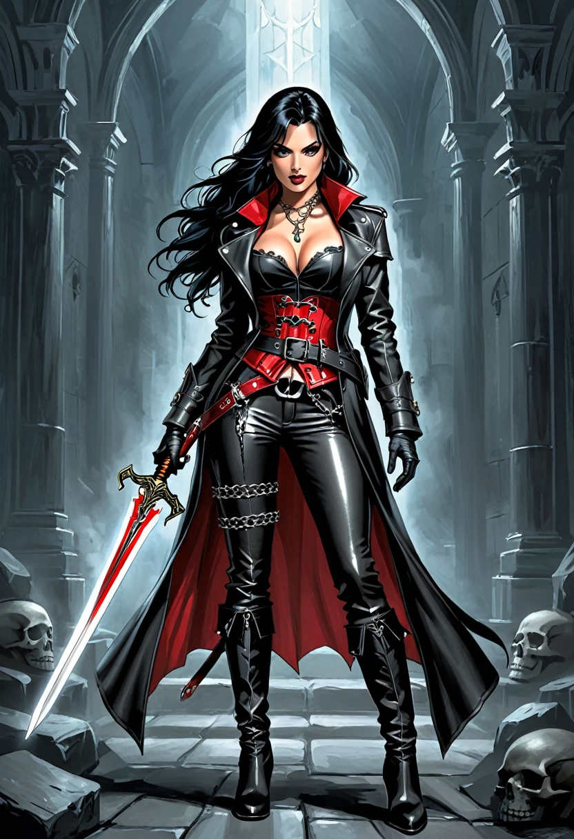 Illustrating Marionne, the demon huntress, She has long wavy black hair and gray eyesclad in a form-fitting black leather outfit, comprising a wine leather trench coat, a snug red corset embellished with belts and chains, coordinated pants, long leather boots for added defense and a gothic flair, wielding a large sword with a skull-adorned guard and a realistically styled hilt, against a dark backdrop to enhance the mysterious aura, Illustration, digital art with intricate textures, --ar 16:9 --v 5 in american comic art style