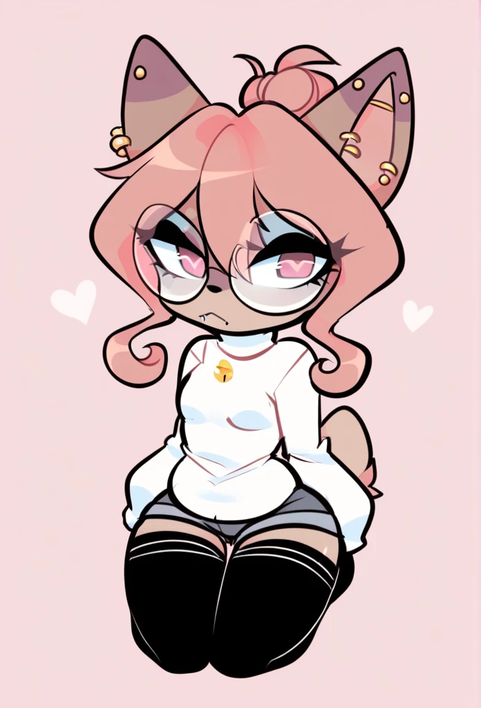 (score_9, score_8_up), score_7_up, score_6_up, score_5_up, score_4_up, Hazel Typh, 1cat, best quality, furry, brown fur, pink hair, animal ears, gold piercing, heart-shaped pupils, animal nose, pink eyes, hair bun, long tail, expressionless, closed mouth, fangs, puffy sleeves, kneeling, on knees, pink background, looking at viewer, round glasses, beautiful and detailed, man (((genderless))) ((anthro)) cat, (Averi, cat boy), by waspsalad, by phluks, by zero-sum, cat, (anthro, fluffy fur, character focus:1.1), anthro cat, body fur, nice, cute, digital drawing, (half-closed eyes), big eyes, sweater, short shorts, thigh highs, stockings, (hi res), ((masterpiece)), ((best quality)), Cat, gernderless cat, clean sketch, anthropomorphic cat, fursona, sharp teeth, big ears, smooth hair, smooth fur, long eyelashes, makeup, thin, chubby face, flat chest, no bulge, no cock, no , no gender