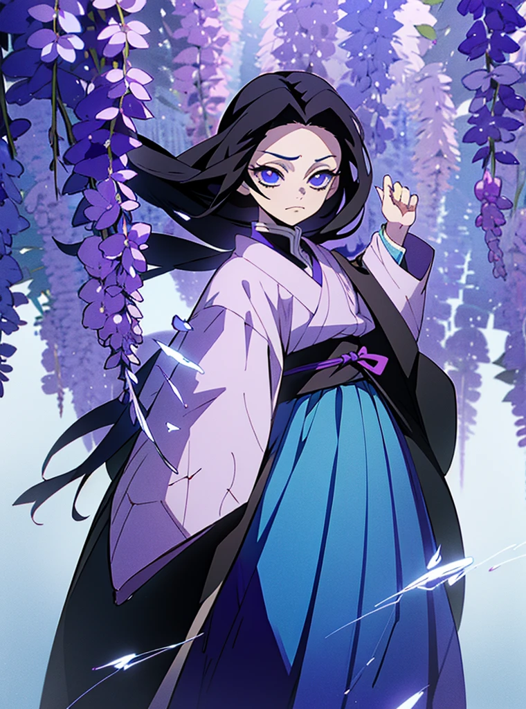 Character with kimetsu no yaiba traits, medium black hair with purple ends, haori with wisteria designs, a black and lilac katana. His face is angelic, crystal blue eyes, a scar on the left corner of your mouth. She is standing fighting with all her strength against an omni. extremely detailed painting 