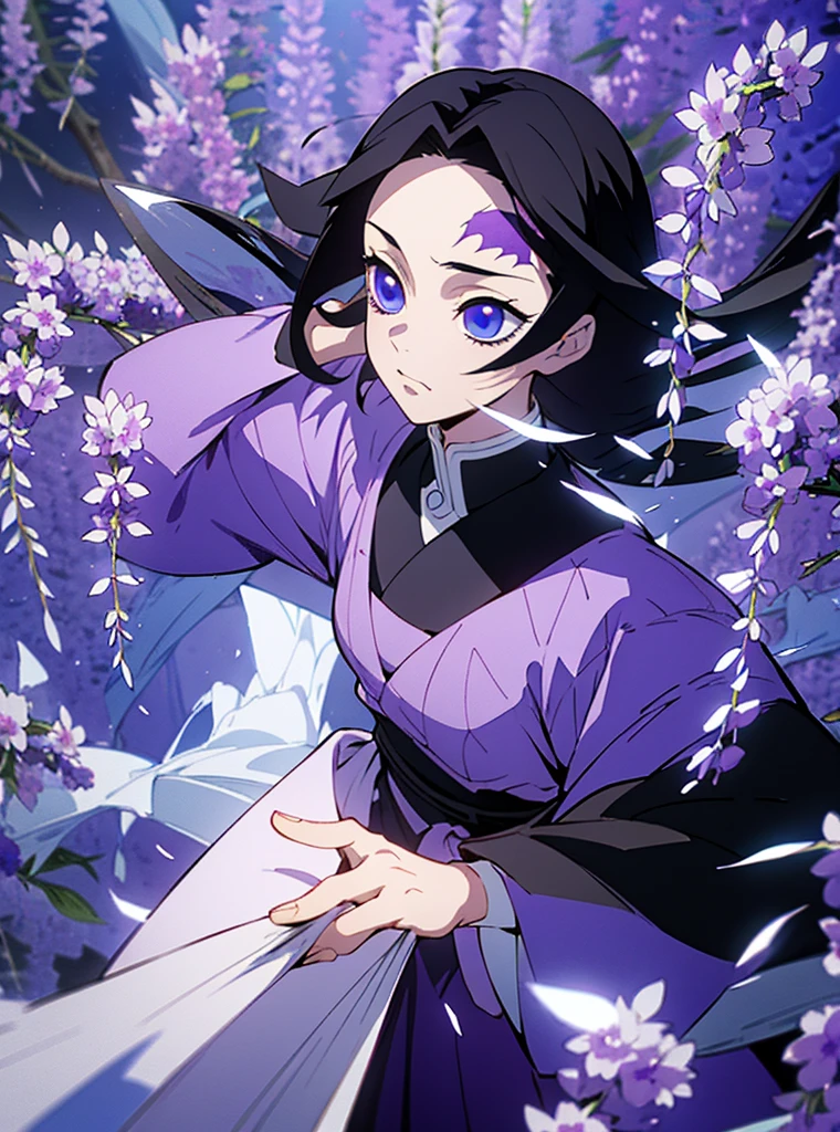 Character with kimetsu no yaiba traits, medium black hair with purple ends, haori with wisteria designs, a black and lilac katana. His face is angelic, crystal blue eyes, a scar on the left corner of your mouth. She is standing fighting with all her strength against an omni. extremely detailed painting