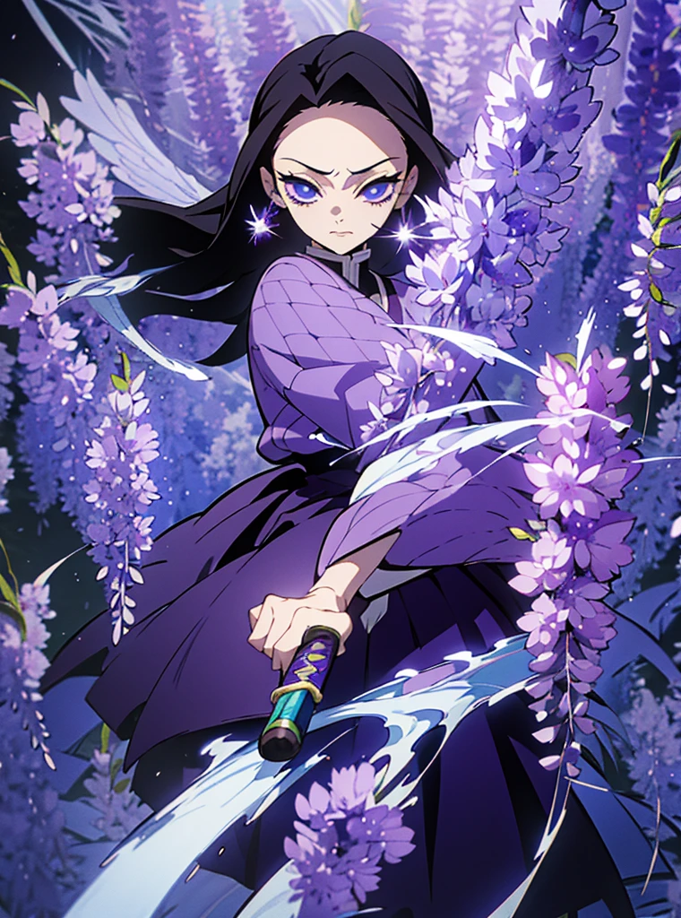 Character with kimetsu no yaiba traits, medium black hair with purple ends, haori with wisteria designs, a black and lilac katana. His face is angelic, crystal blue eyes, a scar on the left corner of your mouth. She is standing fighting with all her strength against an omni. extremely detailed painting 