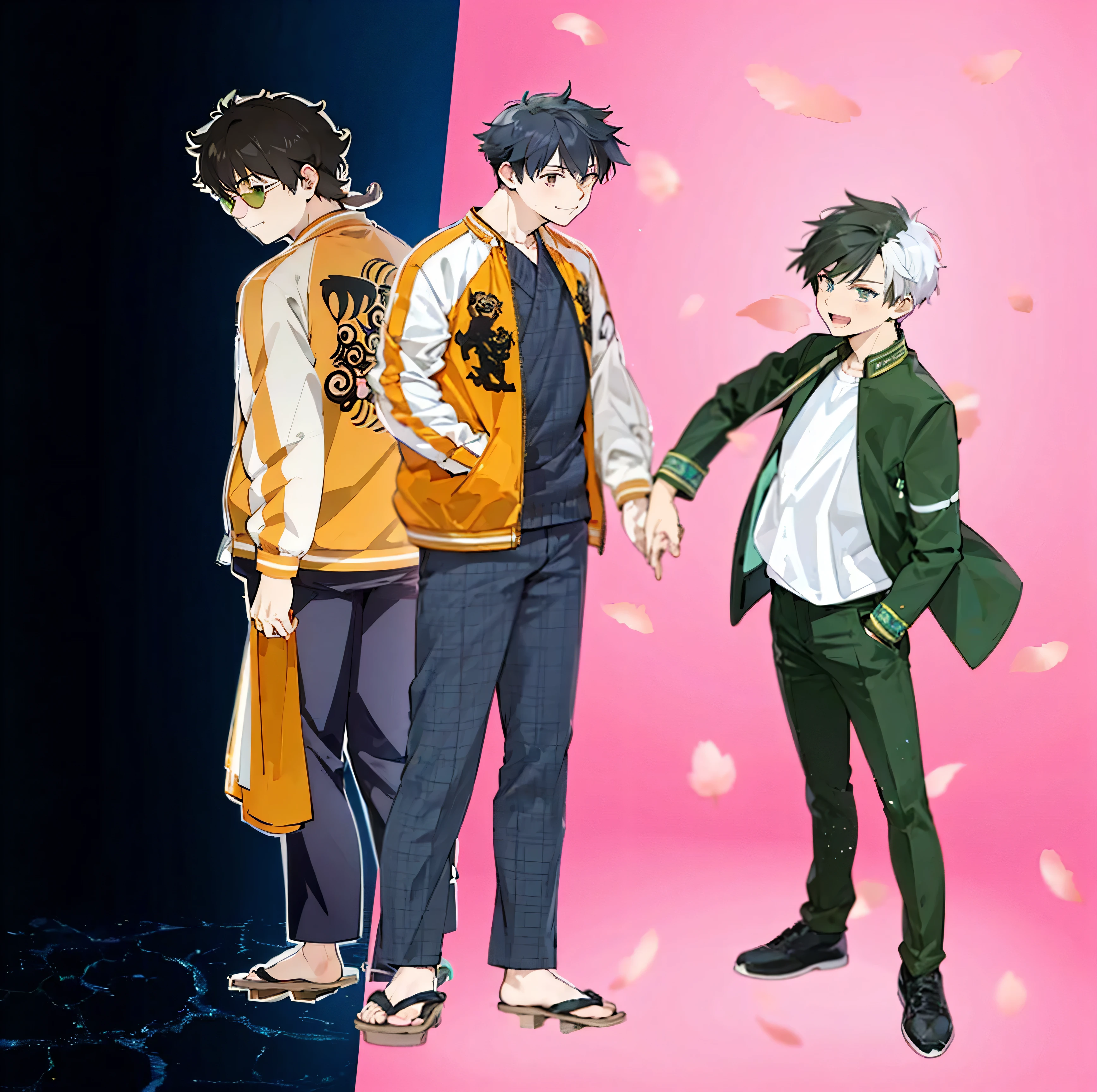 anime characters standing next to each other holding hands on a pink background, smiling, official art, anime key visual", bishounen, official anime still, official fanart, inspired by Okumura Masanobu, anime key visual concept, koyoharu gotouge, official anime art, official studio anime still, official modern anime, anime key visuals, cel shaded anime, Sakura tree petals flying