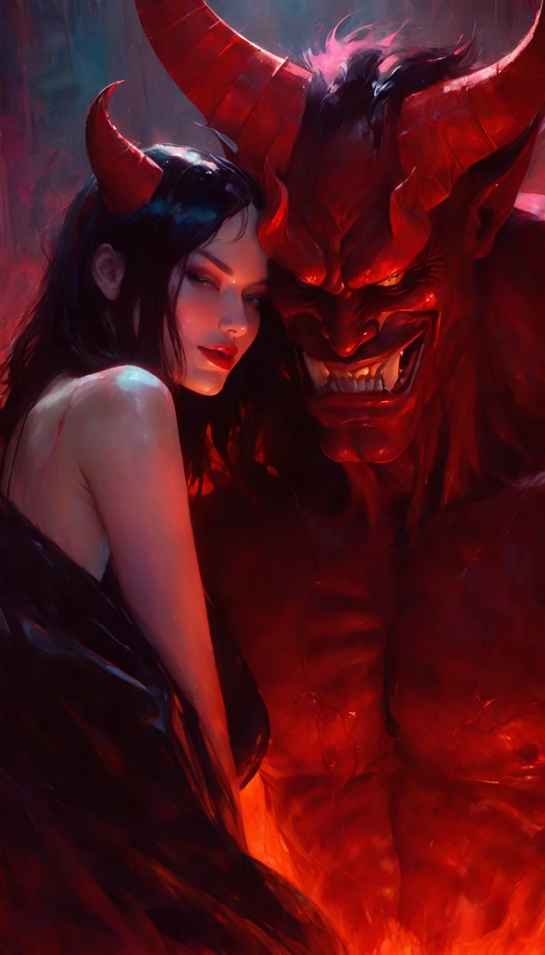 The sexy girl loves the demon, love, sex sex sex (art inspired in Bill Sienkiewicz). oil painting) (best quality,4k,8k,highres,masterpiece:1.2),ultra-detailed,(realistic,photorealistic,photo-realistic:1.37),intricate details,vivid colors,sharp focus,professional,Dave McKean artwork, oil touch of surrealism,oil painting style
