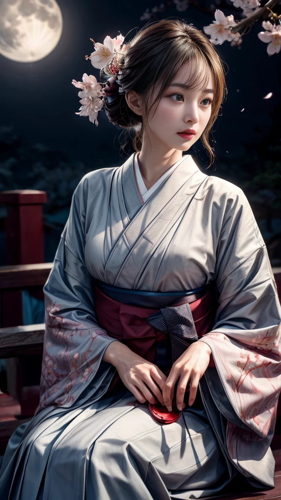 Very beautiful woman、Slender women、Japanese clothing、((Hakama))、((Big Breasts))、(((night)))、((moon))、((cherry blossoms))、Very beautiful woman、Slender women、(Detailed face)、Realistic skin、((Delicate photo))，(Girl Masterpiece RAW Photo Details:1.25), (Highest quality:1.6), (Ultra-high resolution:1.5), (Realistic:1.75), 8K resolution, Canon EOS R5, 50mm, Absurd, Ultra-detailed,Cinema Lighting、
