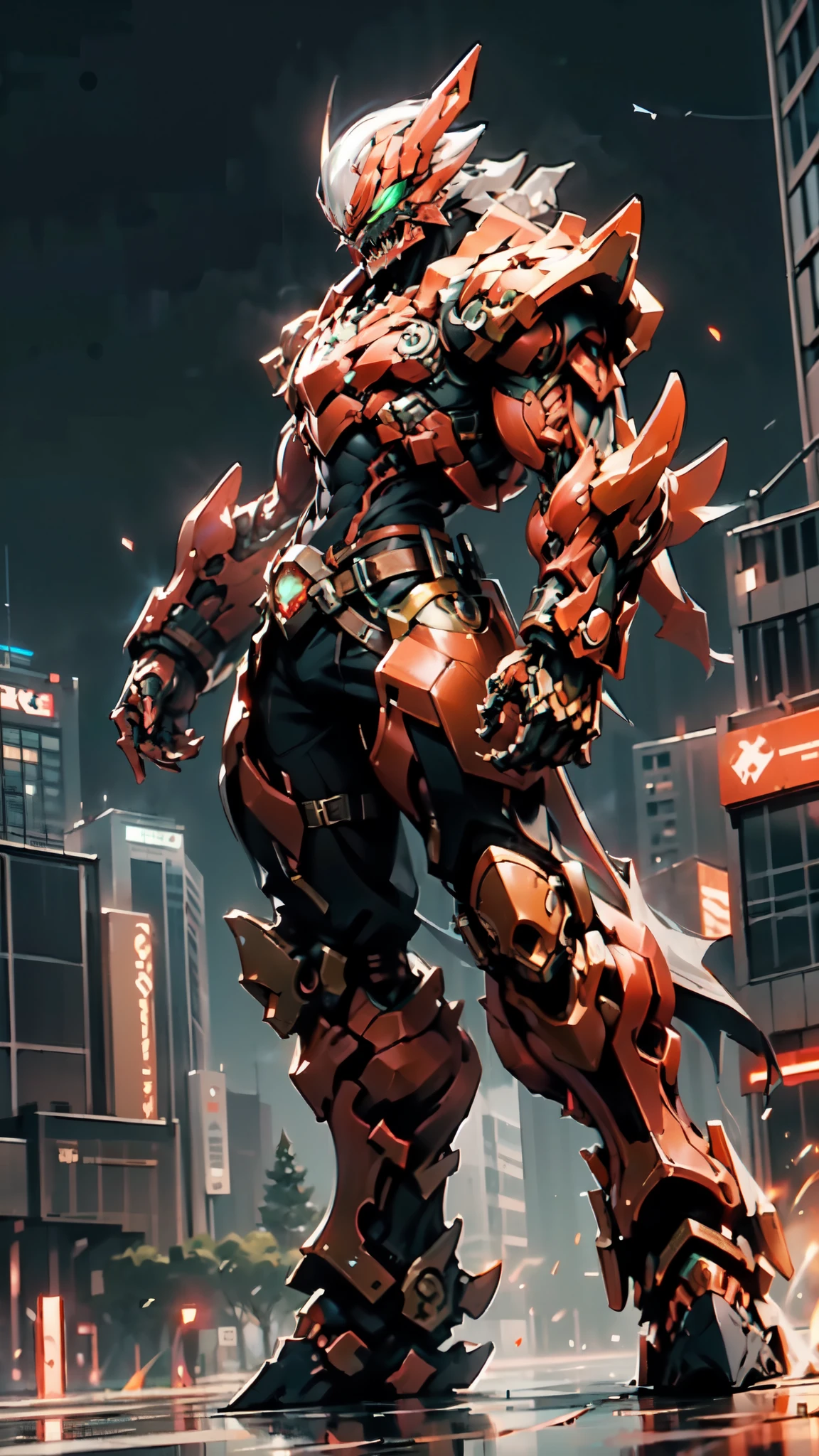 (masterpiece:1.5, best quality:1.5, extremely delicate:1.5, perspective:1.5, foreshortening:1.5, dynamic angle:1.5), a man wearing a full-face helmet, a fantasy-style biotech armored combat suit, green eyes, (a composite layered chest armor), fully enclosed shoulder guards, matching arm and leg guards, the belt is adorned with fangs biting into orbs, (the color scheme is primarily black with red accents), the design balances heavy with agility, a high-tech bio-mecha armor, (Armor Concept Inspired by Bat, stand on the top of a skyscraper in a futuristic sci-fi city), this character embodies a finely crafted fantasy-surreal style armored hero in anime style, exquisite and mature manga art style, (element, plasma, energy, the armor glows), ((male:1.5)), metallic, high definition, highres, ultra-detailed, ultra-fine painting, professional, perfect body proportions, golden ratio, anatomically correct, symmetrical face, extremely detailed eyes and face, high quality eyes, creativity, RAW photo, UHD, 32k, Natural light, cinematic lighting, masterpiece-anatomy-perfect