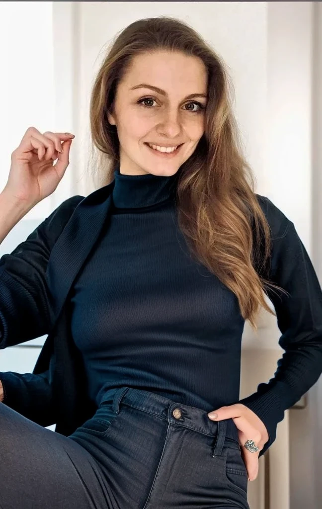 Flat body, high quality, a woman with no chest, blue jeans as pants, black tight hugging turtleneck sweater