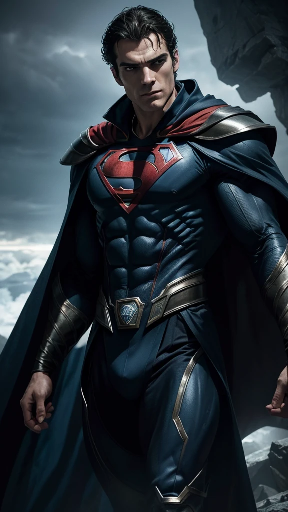 Henry Cavil actor in HomeLander (The Boys) suit costume, muscular body, piercing blue eyes, chiseled jawline, cape flowing dramatically, striking heroic pose, dramatic lighting, cinematic camera angle, ultrarealistic, 8k, photorealistic, dramatic colors, cinematic atmosphere, epic scale, powerful and intimidating presence
