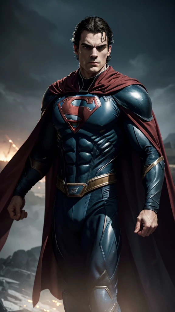Henry Cavil actor in HomeLander (The Boys) suit costume, muscular body, piercing blue eyes, chiseled jawline, cape flowing dramatically, striking heroic pose, dramatic lighting, cinematic camera angle, ultrarealistic, 8k, photorealistic, dramatic colors, cinematic atmosphere, epic scale, powerful and intimidating presence