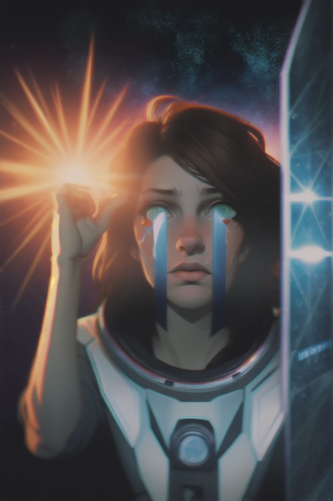 hands on head, grasping own head, messy hair, tears ,brown hair, green eyes, trapped in spacecraft airlock, outerspace, lens flare,dark clothes, masterpiece, perfect face, intricate details, horror theme ,portrait,dark ambience, dust,low light ,cinematic, ambient oclussion, chromatic aberration, 