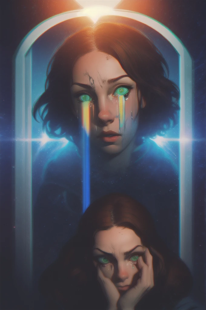 hands on head, grasping own head, messy hair, tears ,brown hair, green eyes, trapped in spacecraft airlock, outerspace, lens flare,dark clothes, masterpiece, perfect face, intricate details, horror theme ,portrait,dark ambience, dust,low light ,cinematic, ambient oclussion, chromatic aberration, 