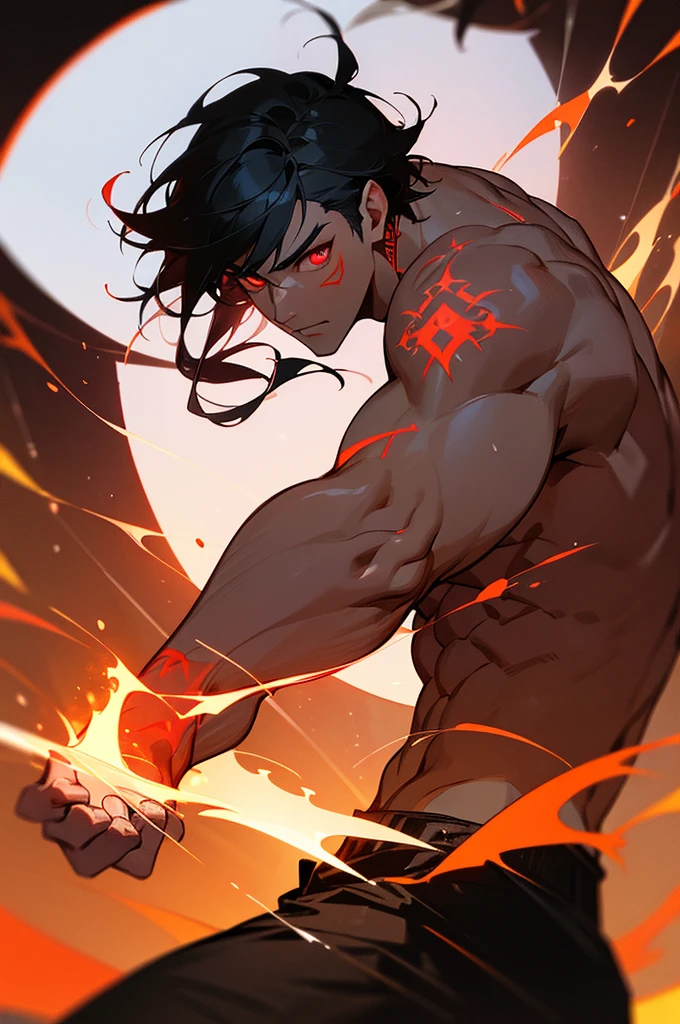  beating magic, winding flame, (masterpiece, side light, fine beautiful eyes: 1.2), HDR, (glowing red eyes)), (glowing tattoo), handsome boy, black hair, muscles, raining, handsome, facing the camera, masterpiece