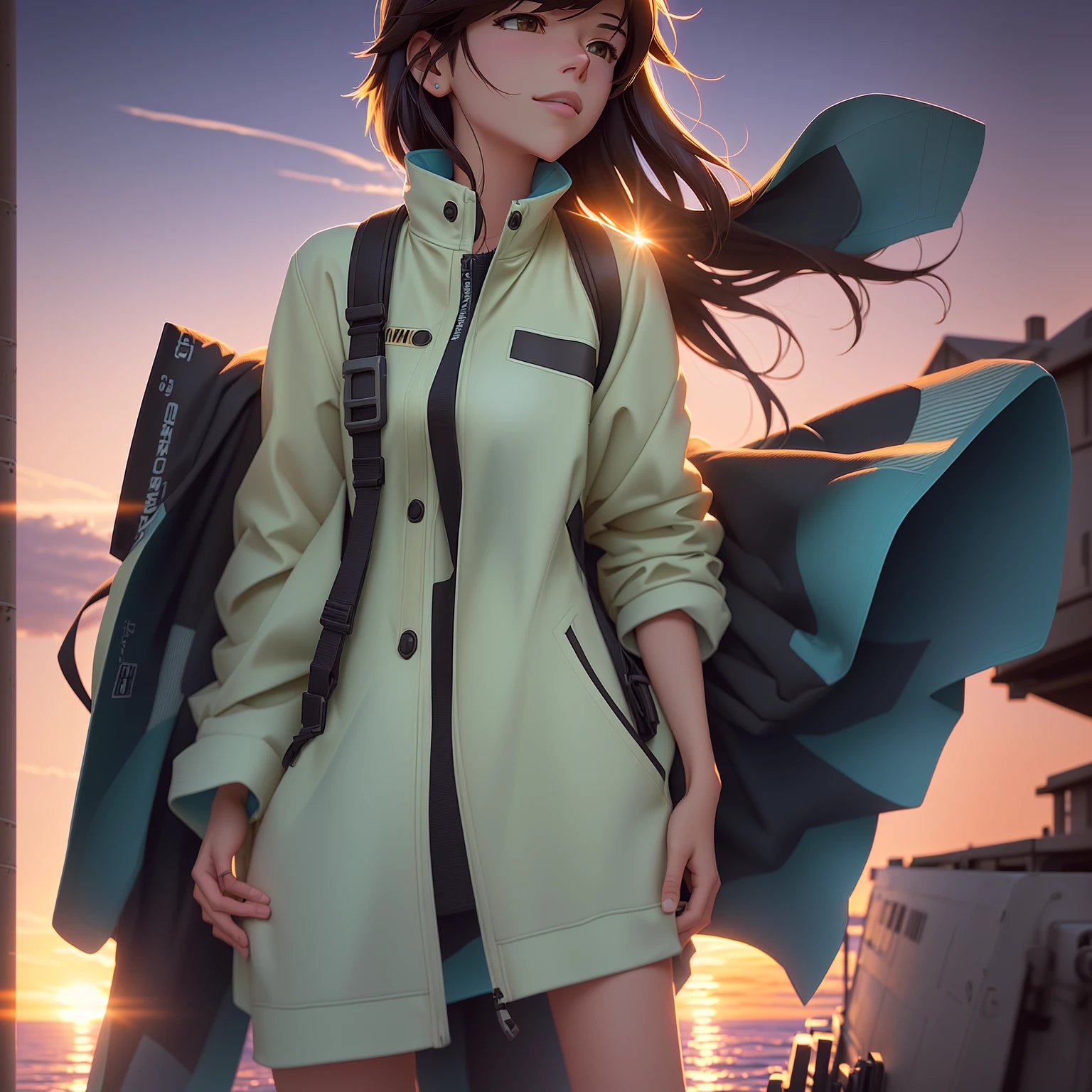 cartoon of a woman standing on a dock with a sunset in the background, makoto shinkai art style, makoto shinkai style, in style of makoto shinkai, makoto shinkai ( apex legends ), style of makoto shinkai, makoto shinkai. high detail, makoto shinkai. digital render, inspired by Makoto Shinkai