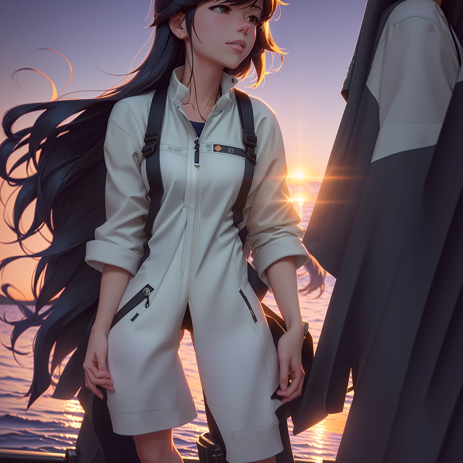 cartoon of a woman standing on a dock with a sunset in the background, makoto shinkai art style, makoto shinkai style, in style of makoto shinkai, makoto shinkai ( apex legends ), style of makoto shinkai, makoto shinkai. high detail, makoto shinkai. digital render, inspired by Makoto Shinkai