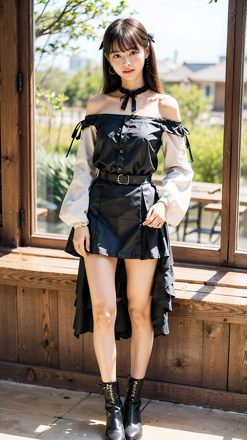 (8K、RAW Photos、Highest quality、masterpiece:1.2)、(Realistic、Realistic)、1 Girl、((mini skirt、smile、black、Thin legs、whole body、boots、Clothes with ribbons、Anime Costumes、Chest ribbon、Off the shoulder、See-through、Frills、garden、View from the front、Ribbon on chest、Looking into the camera、belt、Stand with hands on hips))、