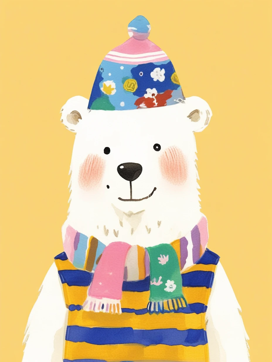masterpiece, high quality,超High resolution, Attention to detail, high quality, High resolution, 最high quality, 4K, 8K, Awards, (artwork)、sunny、cute、polar bear、Marine print striped clothing、Blue and white striped marine hat、A gold anchor mark on the marine hat、A small yellow scarf around the collar of the shirt、Yellow background、Face slightly to the right、Light purple main lines、(Chibi Character:1.4),hand drawing,Illustration_drawing