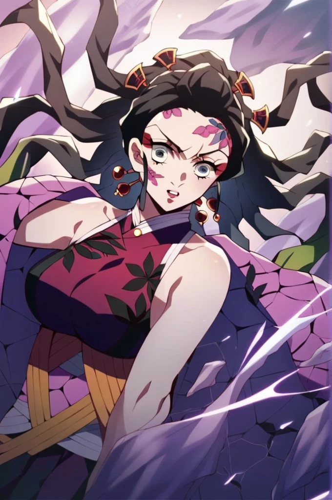 Character with kimetsu no yaiba traits, medium black hair with purple ends, haori with wisteria designs, a black and lilac katana. His face is angelic, crystal blue eyes, a scar on the left corner of your mouth. She is standing fighting with all her strength against an omni. extremely detailed painting 