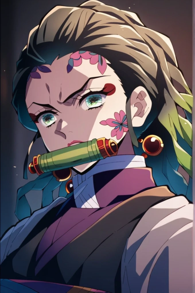 Character with kimetsu no yaiba traits, medium black hair with purple ends, haori with wisteria designs, a black and lilac katana. His face is angelic, crystal blue eyes, a scar on the left corner of your mouth. She is standing fighting with all her strength against an omni. extremely detailed painting 