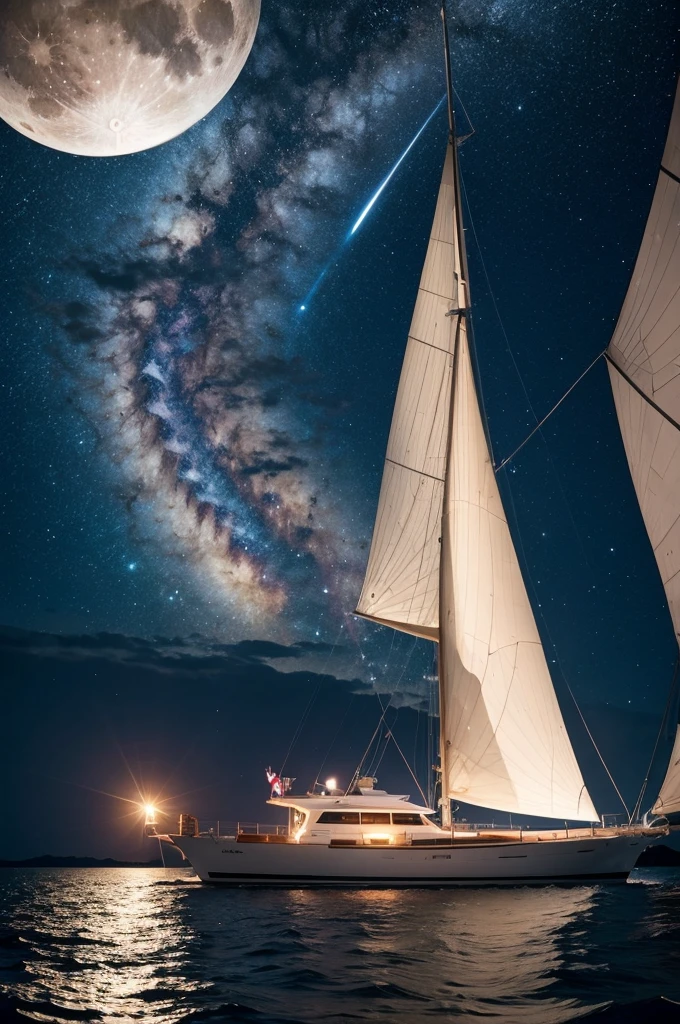 moonligh,mar, sailing boat, Galaxy