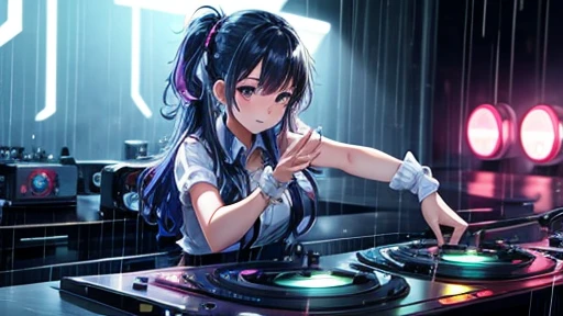 A lovely dj girl dance in the rain