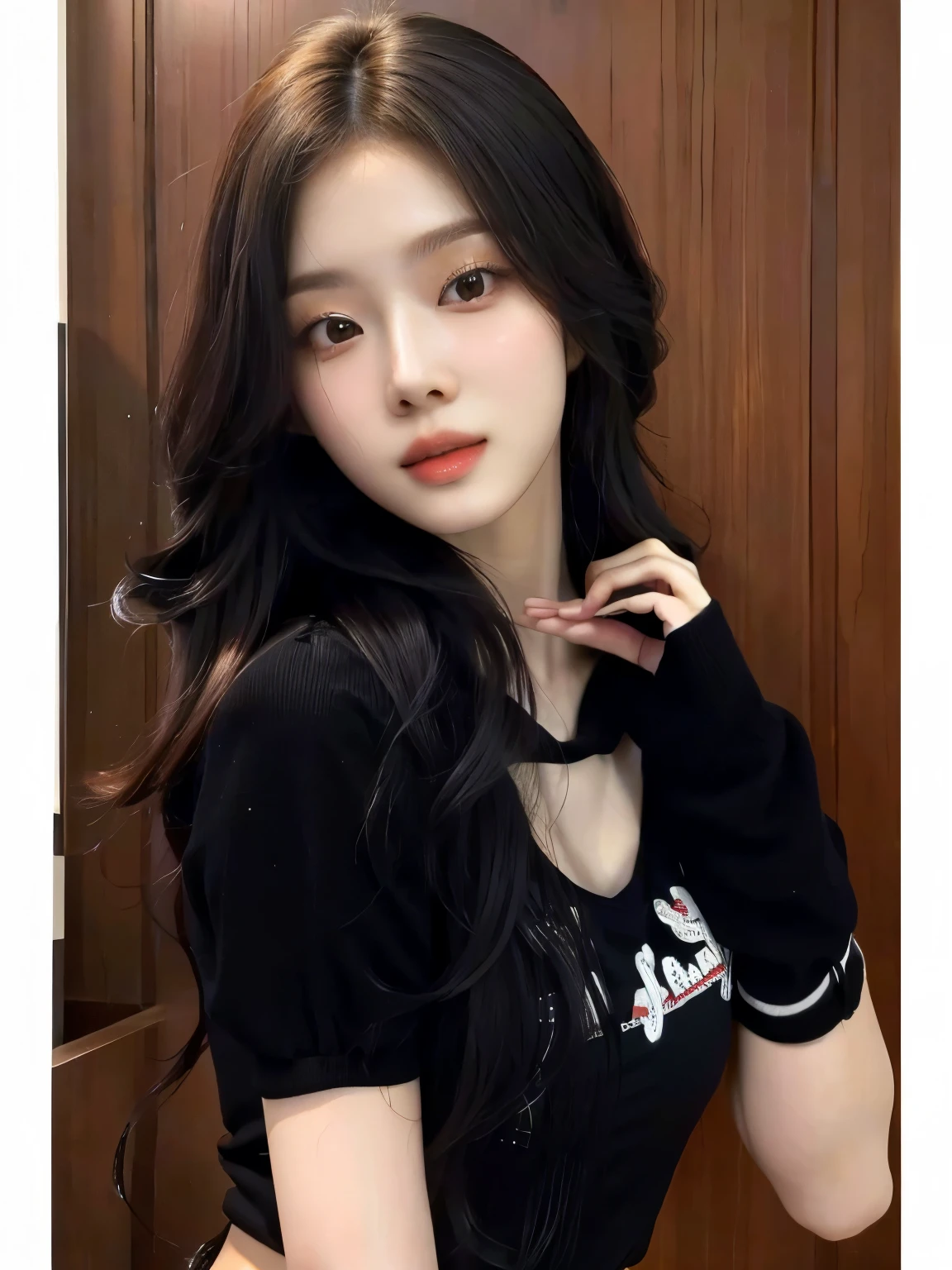 Araffe Winter from AESPA com longos cabelos pretos e blusa preta, linda jovem korean, AESPA, linda jovem korean, linda mulher sul-korean, korean, young lovely korean face, Asian with long hair, Winter AESPA, female korean idol portrait, Retrato de Jossi do Blackpink, model iG | artegerm, beautiful asian girl