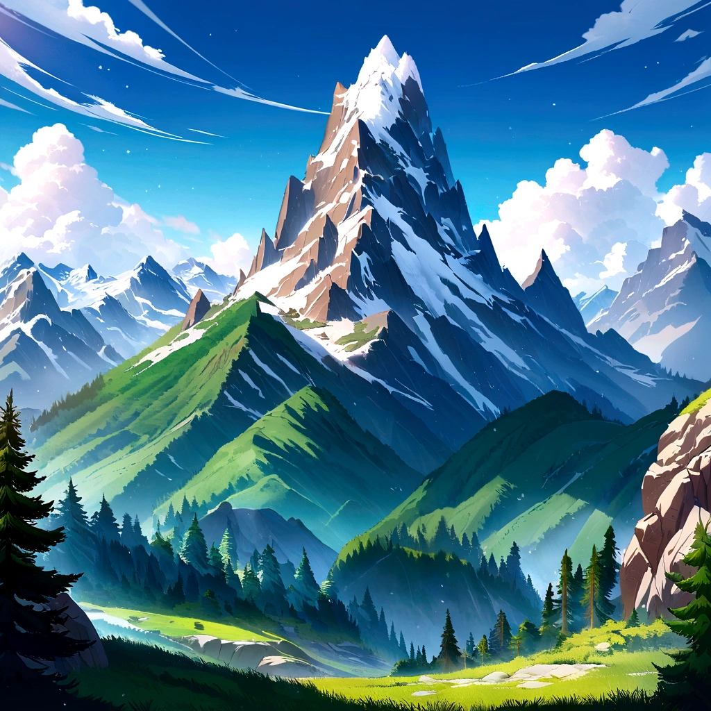 A breathtaking view of the Matterhorn mountain, with its snow-capped peak partially covered by clouds. The scene is set against a clear blue sky, with lush green pine trees in the foreground and rocky cliffs framing the view. The dramatic height and sharp angles of the mountain are accentuated by the swirling clouds, creating a sense of awe and majesty. The natural daylight illuminates the scene, highlighting the contrast between the green forest and the stark, rugged mountain. The overall atmosphere is one of serene beauty and grandeur, capturing the pristine and untamed essence of the alpine landscape.Shinkai Makoto style,