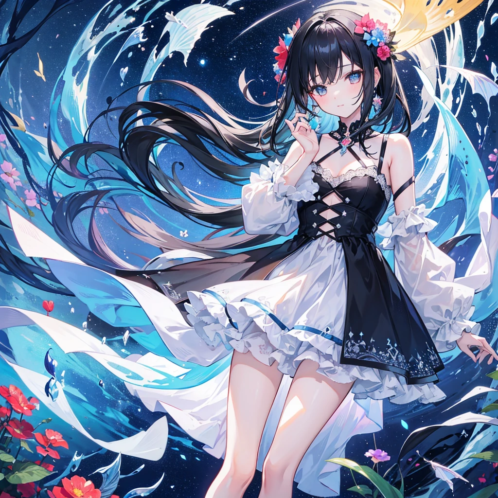 create an image, of a girl with shoulder-length black hair playing with flowers and fish, something magical and deep, magical and fun atmosphere, happy girl in a beautiful dress, In the universe, dark and bright stars