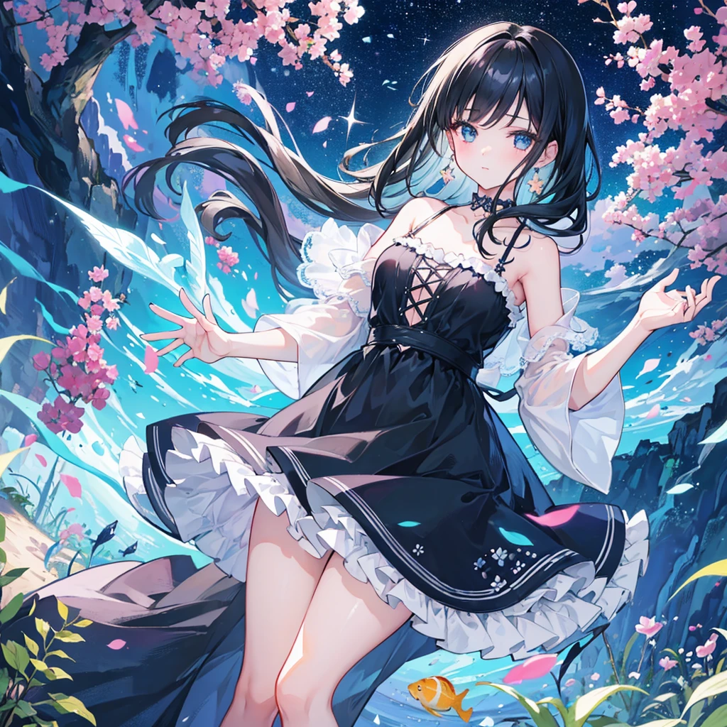 create an image, of a girl with shoulder-length black hair playing with flowers and fish, something magical and deep, magical and fun atmosphere, happy girl in a beautiful dress, In the universe, dark and bright stars