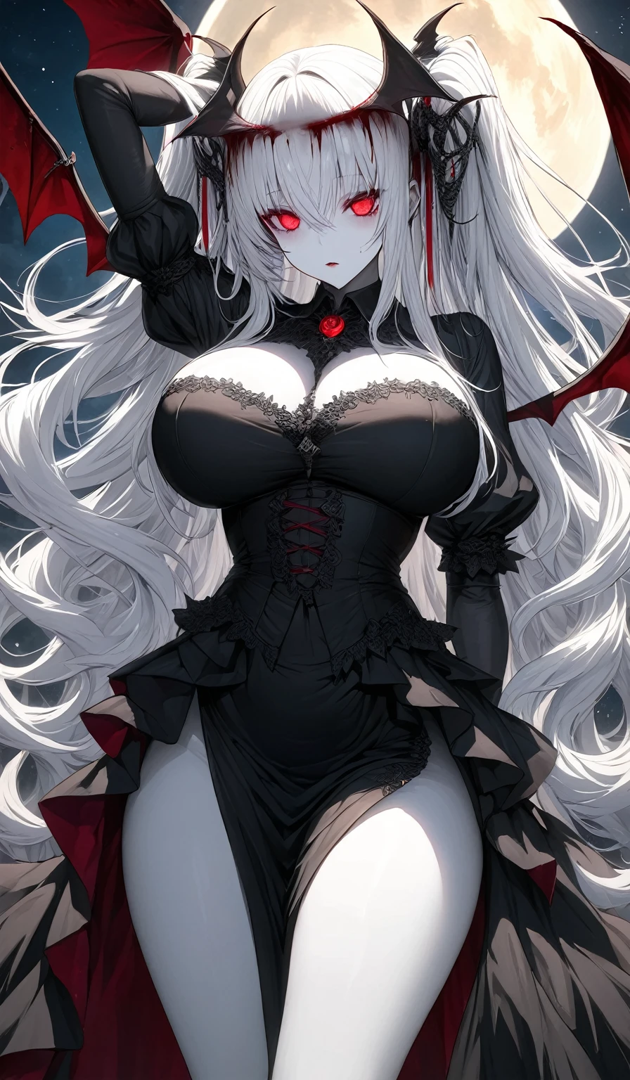 Masterpiece, Very detailed, Ultra-detailed, One, vampire-woman - pale skin, long white hair, blood-red eyes and detailed black dress and with accessories on the head and body, with huge breasts and around the moon and stars, terrible and terrifying atmosphere