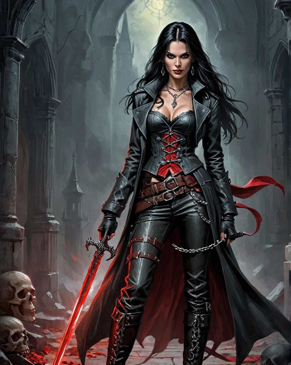 Illustrating Marionne, the demon huntress, She has long wavy black hair and gray eyesclad in a form-fitting black leather outfit, comprising a wine leather trench coat, a snug red corset embellished with belts and chains, coordinated pants, long leather boots for added defense and a gothic flair, wielding a large sword with a skull-adorned guard and a realistically styled hilt, against a dark backdrop to enhance the mysterious aura, Illustration, digital art with intricate textures, --ar 16:9 --v 5 in american comic art style