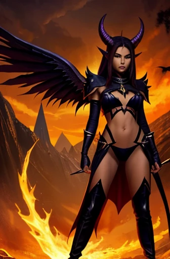 A red skinned demon, pointy tail, clothes, fantasy, cambion, small horns from the front of the the head, yellow eyes, full body, female, demon, large black pointed wings on her back, pointed ears, clothes, priestess, clothes