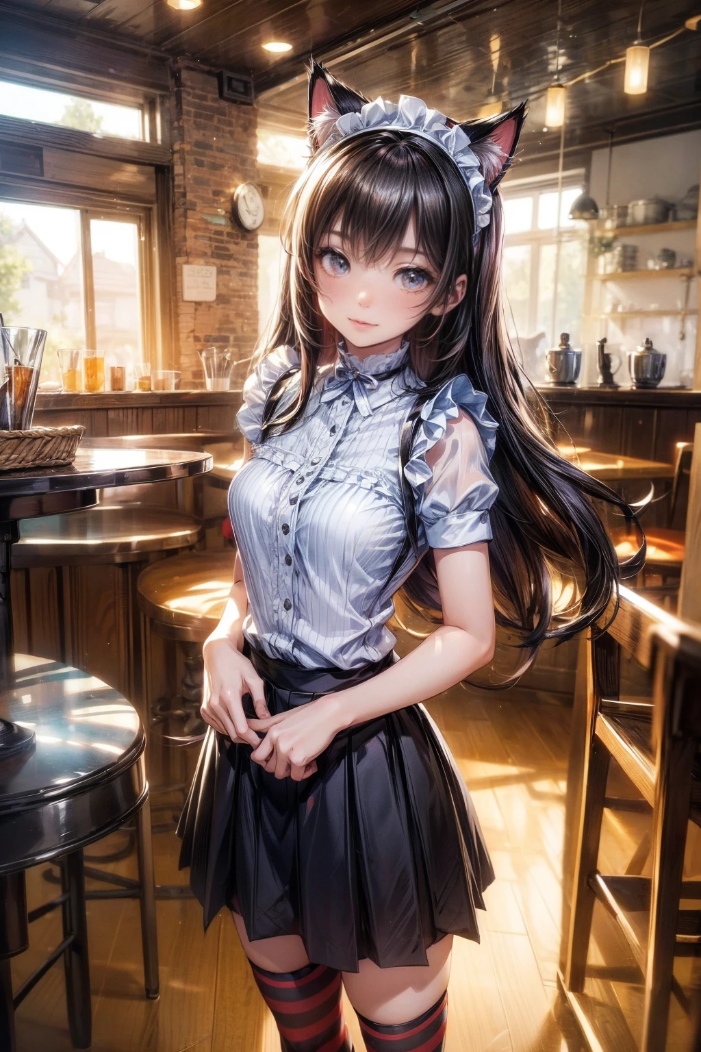 One Girl、(20-year-old woman)、Cat ears headband、Cat tail、Maid、Short skirt、Thigh-high socks、Striped pants、Highest quality、8K、Beautiful Face、Mischievous smile、Lift your skirt to show your underwear、Wink、View Viewer、Bright cafe