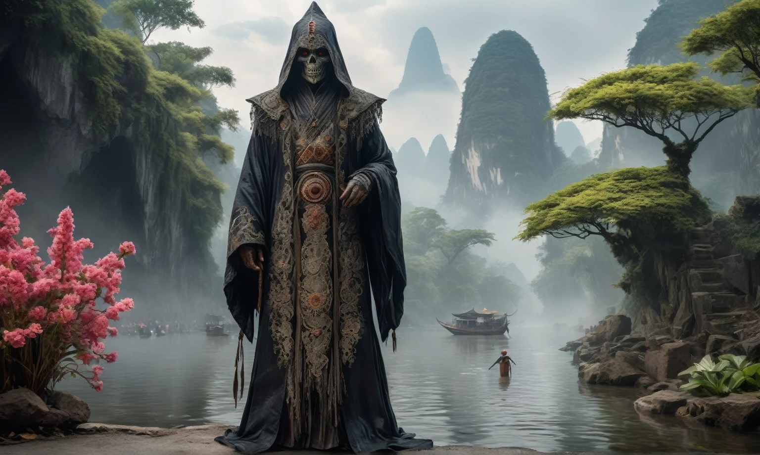 full body length,Magical plant ghost of dead flower, ghost flower,carismatic，Incredible,folk dress，terror ,extremely detailed,intricate details,eyes extremely detailed, high detailed eyes,16k resolution, realistic humid skin,extremely intricate details,Epic Realistic,face anatomically correct,Ultra HD,HDR, natural skin textures, hyper realism,realistic skin texture, hyper detailed,extremely Realism,Ultra Detailed,body logically correct,full body length shot,beggar graphite Manganite sparas, wants eat,survival in criminal city of future,Cinematic,soft colors, Technicolor,natural skin textures, hyper realism, hyper detailed,Extremely detailed,High contrast,Masterpiece,Realistic,Ultra Detailed, intricate details,realistic humid leather,extremly intricate,Epic Realistic, cinematic style,irina yermolova,high contrast,hdr,extremely detailed, [deep night landscape],masterpiece,intricate details,faded,eyes extremely detailed, high detailed eyes,16k resolution,RAW,retina, Nikon Z9,China,Songbird,orc,Li River in Guangxi Zhuang of China,tkt style, Pisces, pointed ears，perfect, ginger，transition between two art styles, Ink painting to photorealism, Double contact, X-ray, Creative, vivid light, masterpiece, fantasy, Abstract, Surrealism, super detailed, high resolution, stop:35,(((creature with a spectral and ghostly appearance)). Her skin is pale, almost translucent.wears dark, torn clothes that float around him, as if permeated by an aura of mourning. Its appearance is complemented by details such symbols of gothic elements, further emphasizing its dark air. is haunted and tormented entity,pixar movie still,