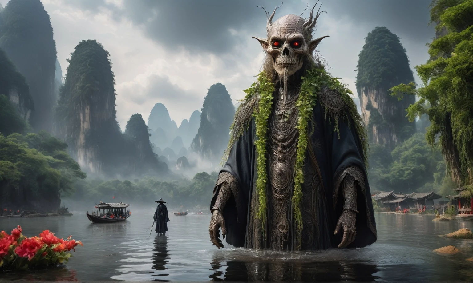 full body length,Magical plant ghost of dead flower, ghost flower,carismatic，Incredible,folk dress，terror ,extremely detailed,intricate details,eyes extremely detailed, high detailed eyes,16k resolution, realistic humid skin,extremely intricate details,Epic Realistic,face anatomically correct,Ultra HD,HDR, natural skin textures, hyper realism,realistic skin texture, hyper detailed,extremely Realism,Ultra Detailed,body logically correct,full body length shot,beggar graphite Manganite sparas, wants eat,survival in criminal city of future,Cinematic,soft colors, Technicolor,natural skin textures, hyper realism, hyper detailed,Extremely detailed,High contrast,Masterpiece,Realistic,Ultra Detailed, intricate details,realistic humid leather,extremly intricate,Epic Realistic, cinematic style,irina yermolova,high contrast,hdr,extremely detailed, [deep night landscape],masterpiece,intricate details,faded,eyes extremely detailed, high detailed eyes,16k resolution,RAW,retina, Nikon Z9,China,Songbird,orc,Li River in Guangxi Zhuang of China,tkt style, Pisces, pointed ears，perfect, ginger，transition between two art styles, Ink painting to photorealism, Double contact, X-ray, Creative, vivid light, masterpiece, fantasy, Abstract, Surrealism, super detailed, high resolution, stop:35,(((creature with a spectral and ghostly appearance)). Her skin is pale, almost translucent.wears dark, torn clothes that float around him, as if permeated by an aura of mourning. Its appearance is complemented by details such symbols of gothic elements, further emphasizing its dark air. is haunted and tormented entity,pixar movie still,