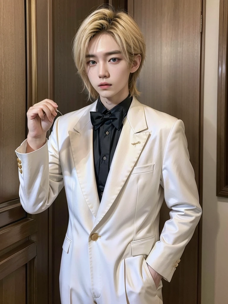 8k, Masterpiece, high quality, Young guy, good proportions, maravellous, androgynous prince, ulzzang, blonde hair, cabello rubio, blonde hair, asian, asian boy. Bunny suit