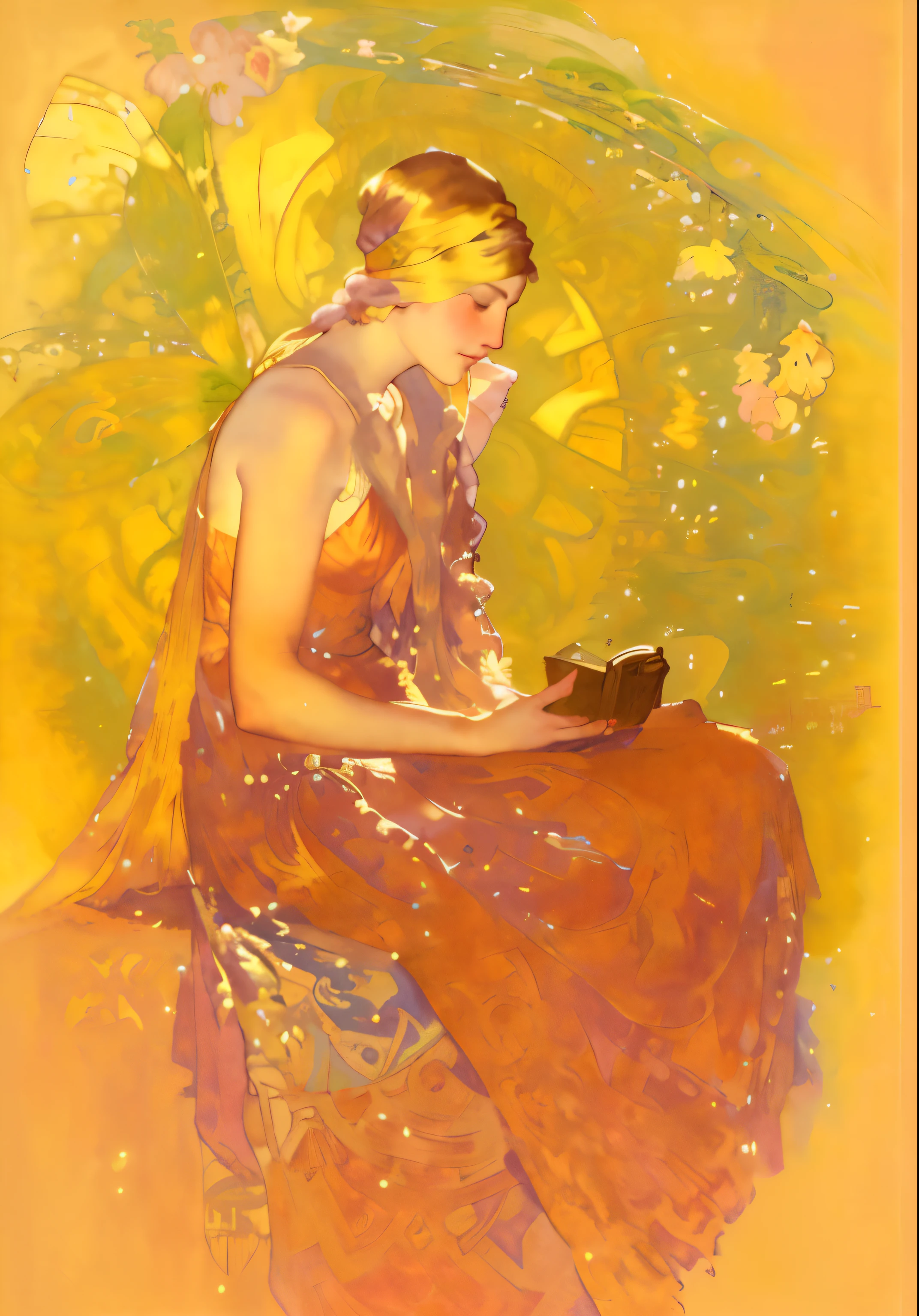 arafed drawing of a woman sitting on a chair with a book, by Nikolai Ge, by Gaetano Previati, alphons mucha, jean delville fertile, style of jean delville, alphonse mucha frank fanzzeta, artem demura. alphonse mucha, by Gyula Aggházy, frank frazetta alphonso mucha