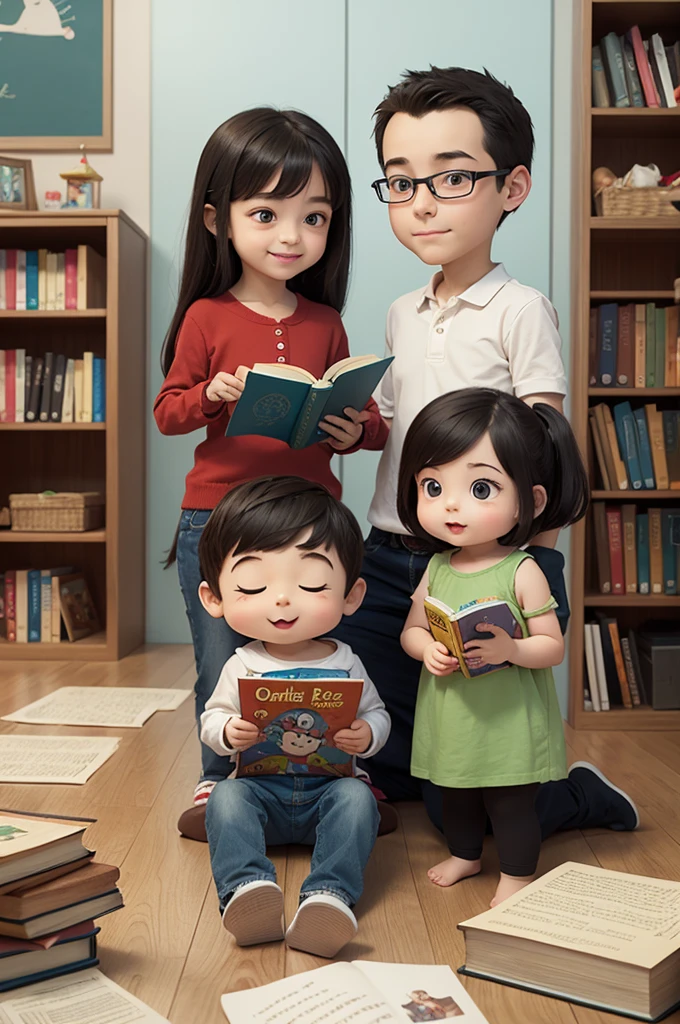 Create an image with a cartoon family with books in their hands