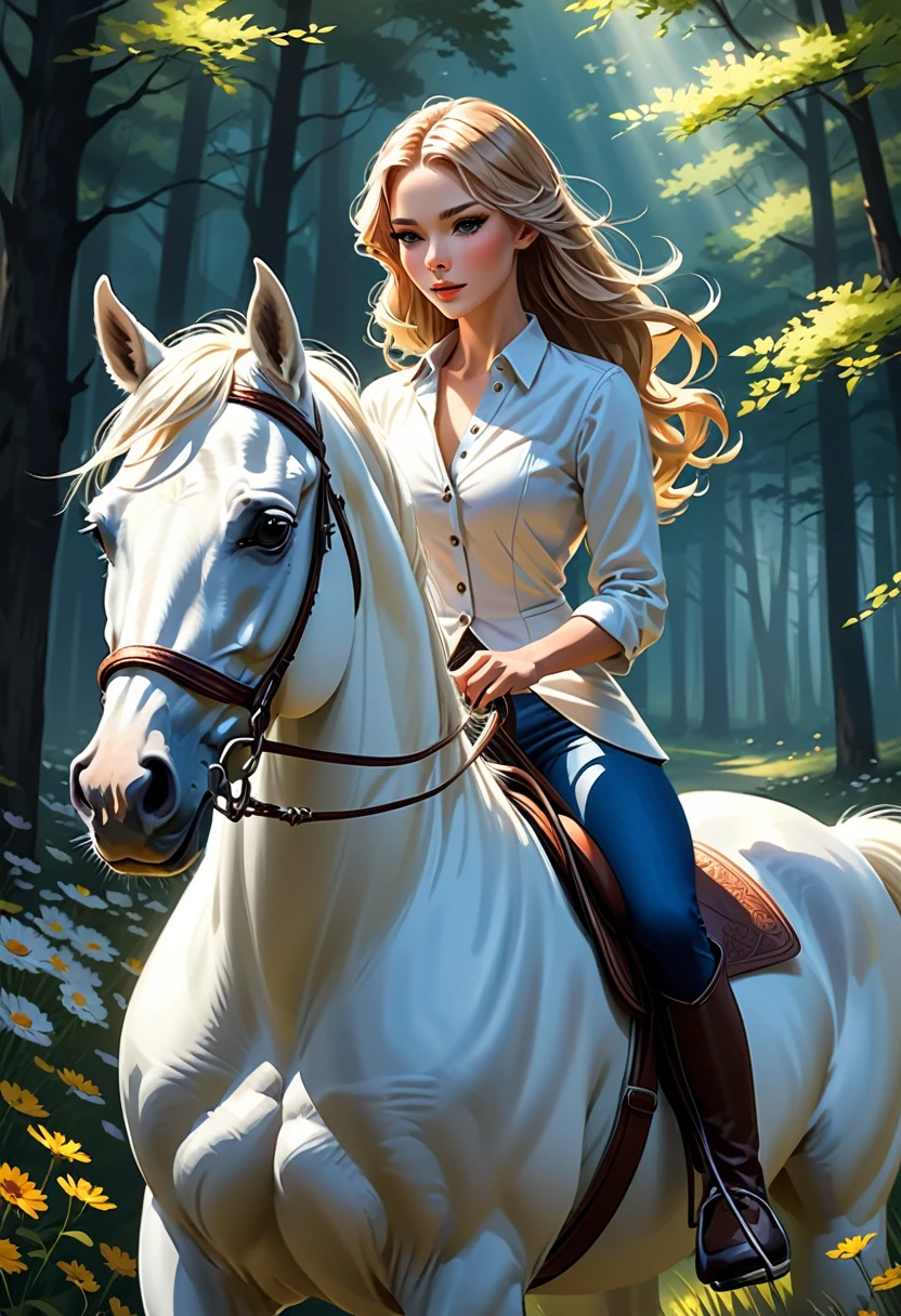 You will act as a digital artist specializing in realistic illustrations. Por favor, create an image of a beautiful woman riding her white horse. Be creative with scene composition, adding elements that highlight the beauty and elegance of both the woman and the horse. The scene may include stunning natural scenery, like a forest at dawn or a field of flowers, with minute details in the lights, shadows and characters' expressions.