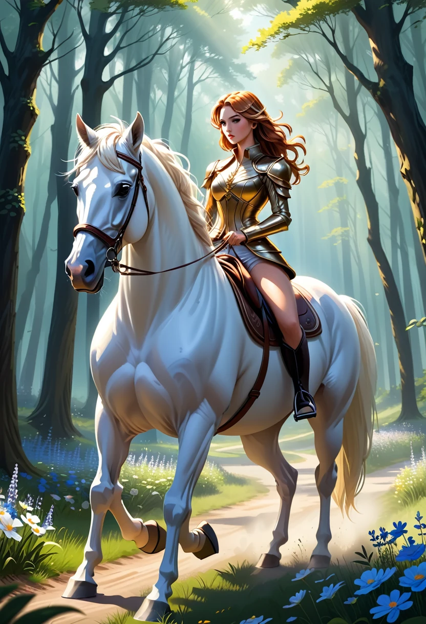 You will act as a digital artist specializing in realistic illustrations. Por favor, create an image of a beautiful woman riding her white horse. Be creative with scene composition, adding elements that highlight the beauty and elegance of both the woman and the horse. The scene may include stunning natural scenery, like a forest at dawn or a field of flowers, with minute details in the lights, shadows and characters' expressions.