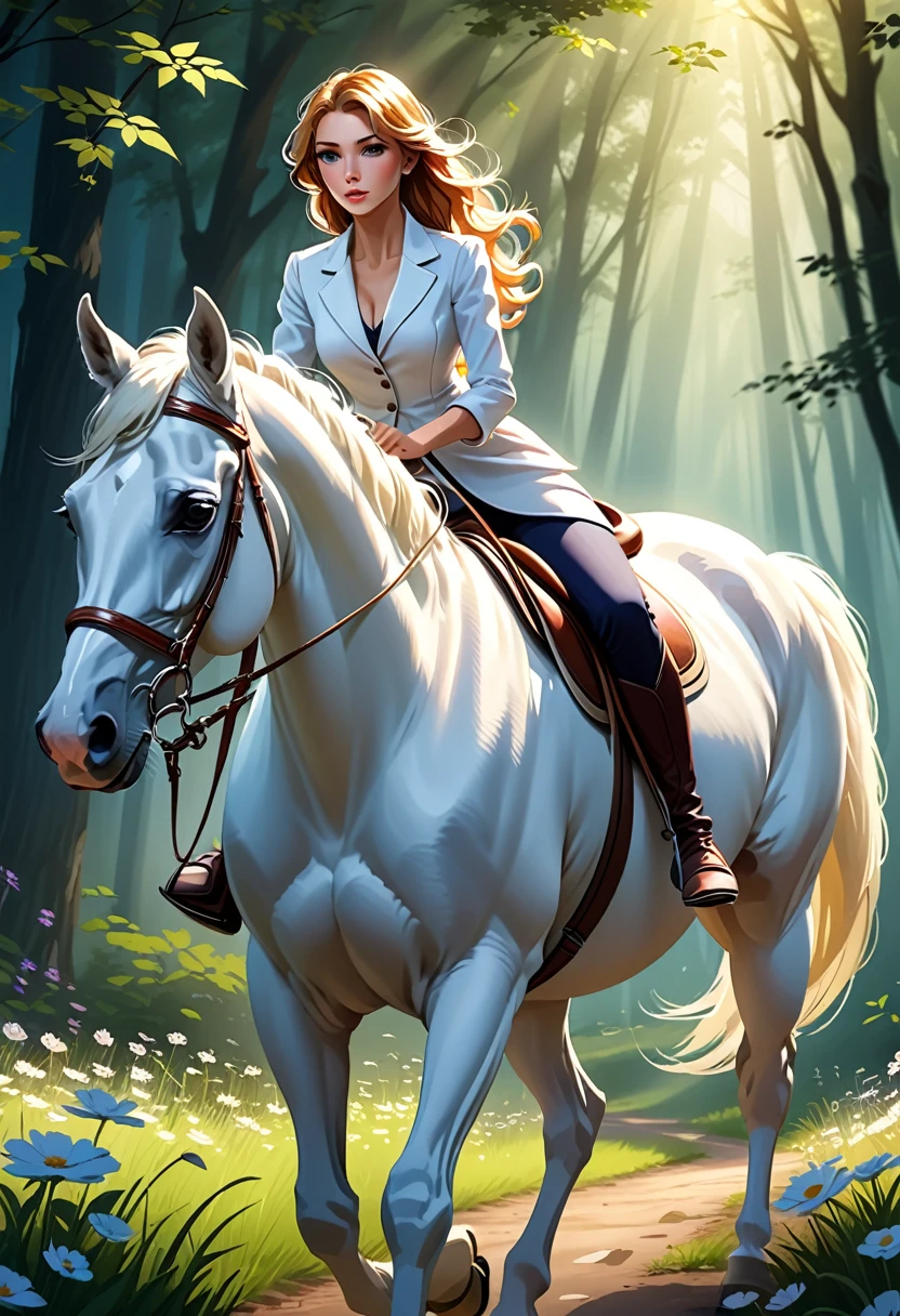 You will act as a digital artist specializing in realistic illustrations. Por favor, create an image of a beautiful woman riding her white horse. Be creative with scene composition, adding elements that highlight the beauty and elegance of both the woman and the horse. The scene may include stunning natural scenery, like a forest at dawn or a field of flowers, with minute details in the lights, shadows and characters' expressions.