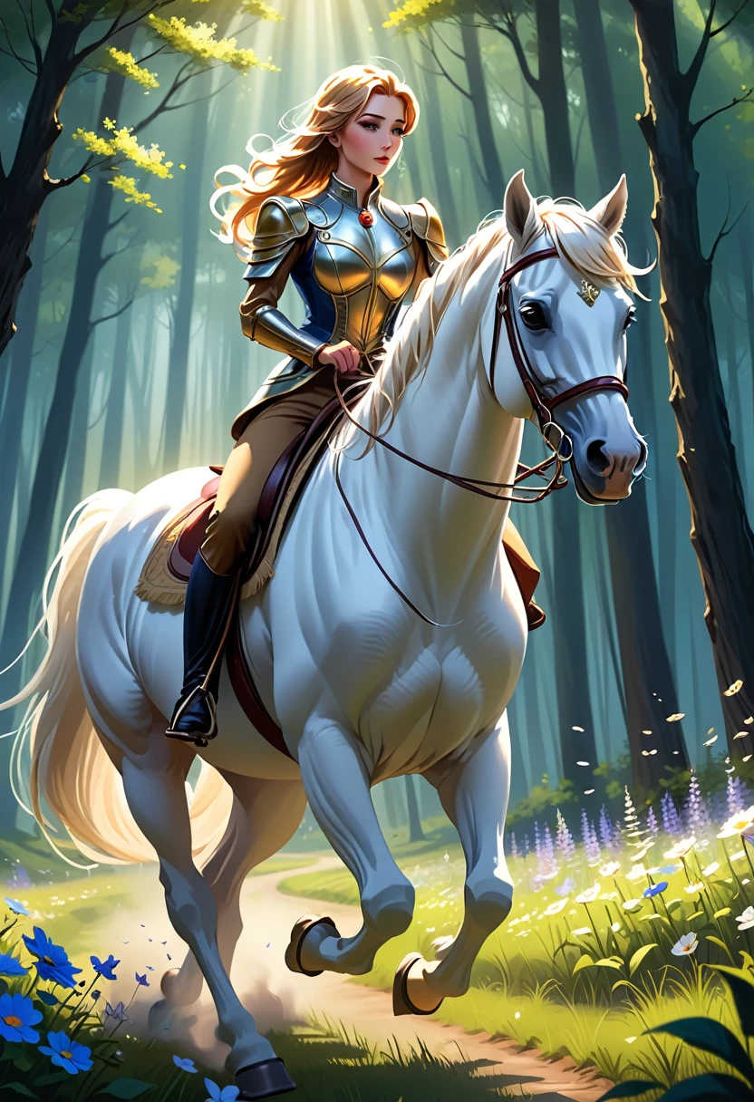 You will act as a digital artist specializing in realistic illustrations. Por favor, create an image of a beautiful woman riding her white horse. Be creative with scene composition, adding elements that highlight the beauty and elegance of both the woman and the horse. The scene may include stunning natural scenery, like a forest at dawn or a field of flowers, with minute details in the lights, shadows and characters&#39; expressions.
