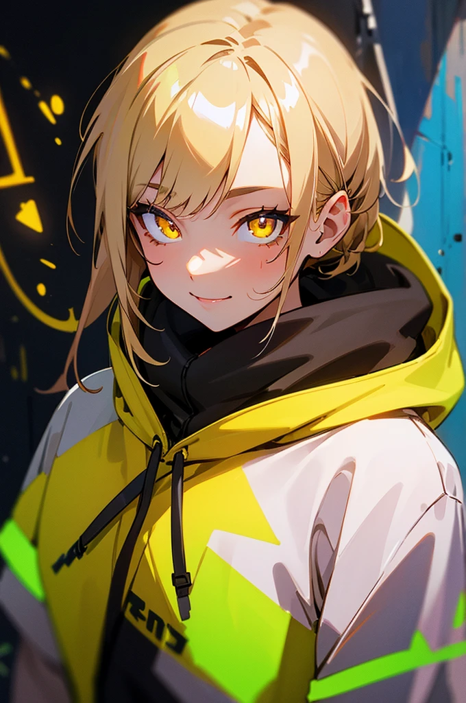 detailed background, masterpiece, highest quality, smile, ornament, hoodie, portrait, yellow neon, graffiti, dark, night, shining eyes, Black light