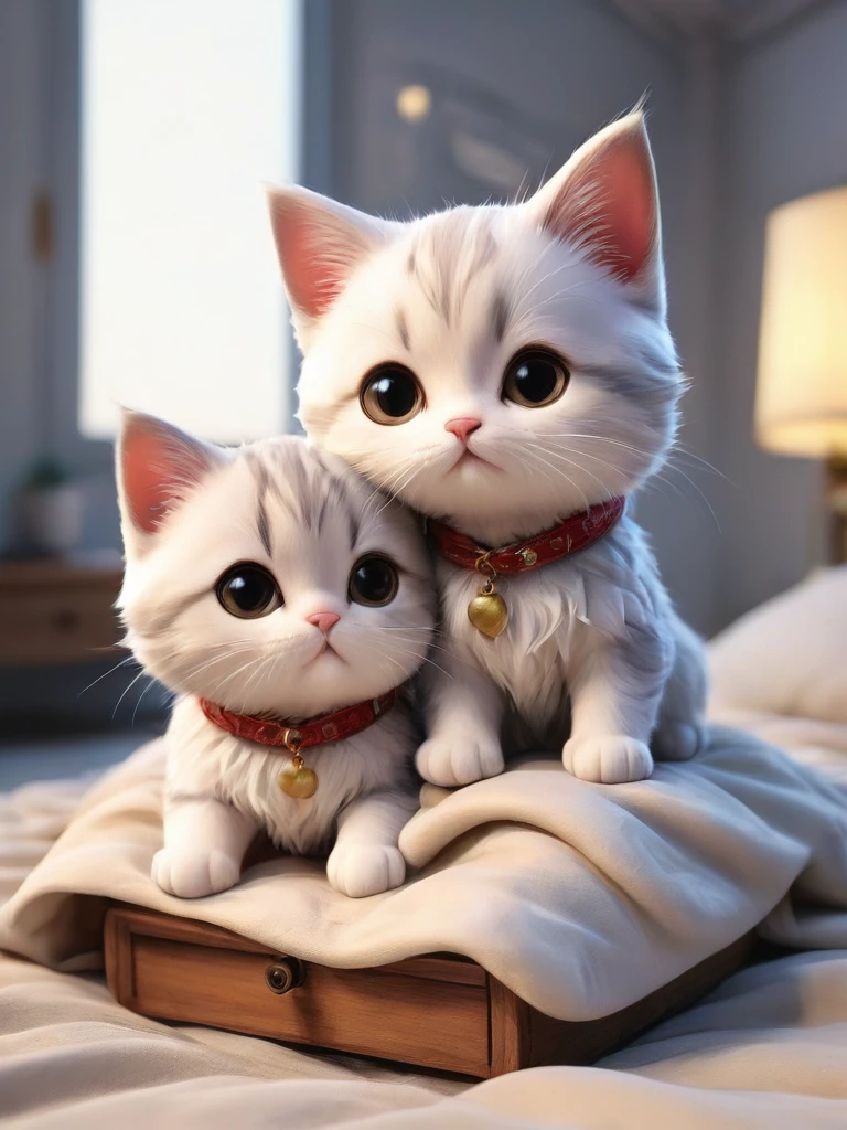 With the sunset in the background,(masterpiece:1.2, high quality), Kittens sleeping together in bed、