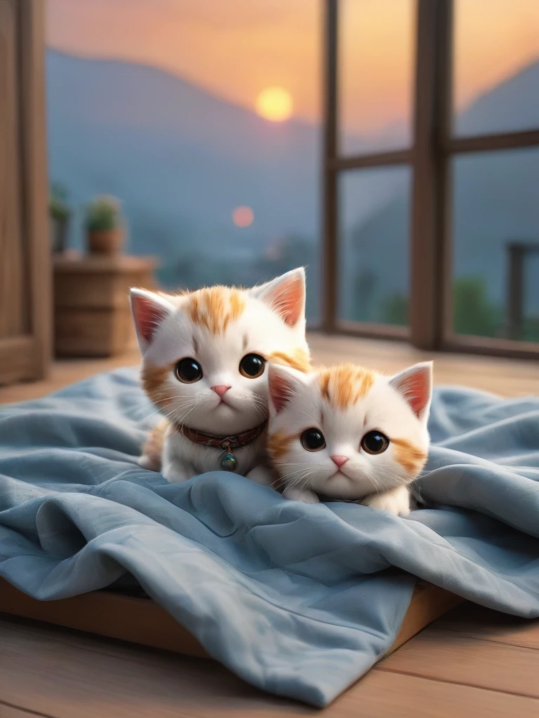 With the sunset in the background,(masterpiece:1.2, high quality), Kittens sleeping together in bed、