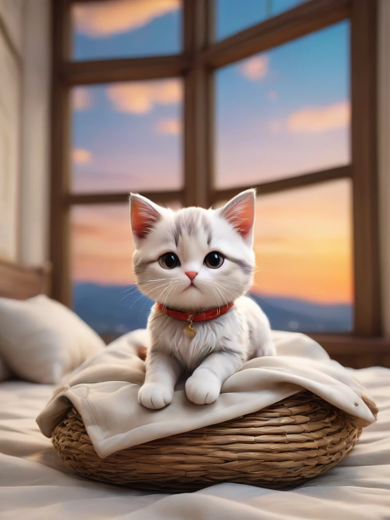 With the sunset in the background,(masterpiece:1.2, high quality), Kittens sleeping together in bed、
