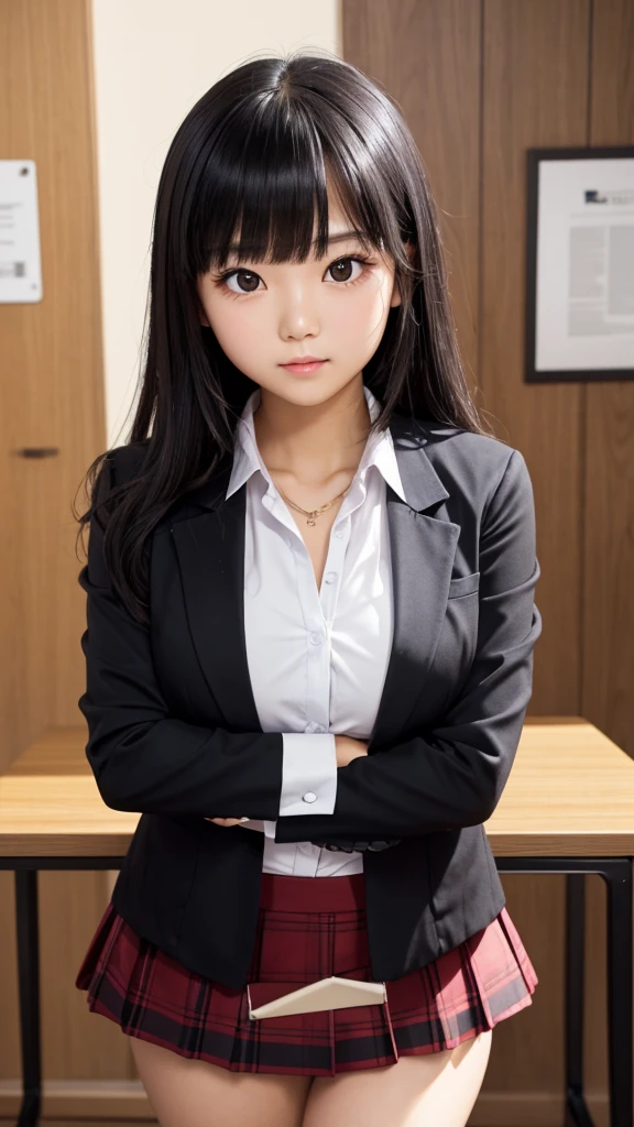 ((Tabletop)), (Detailed face), (highlight), Asian Girl、Black Hair、Heavy bangs、high school girl、skirt、blazer、Support your chest with your arms、Gazing Eyes、