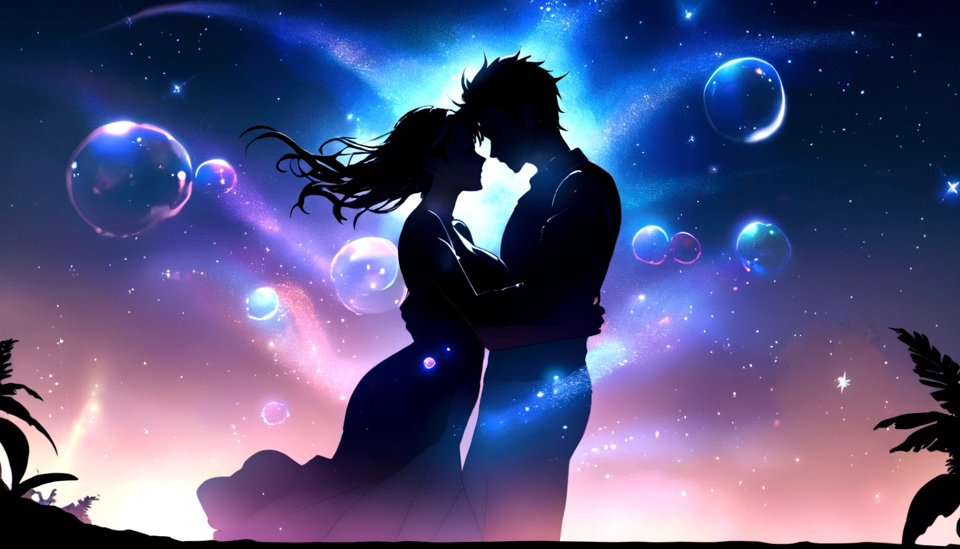 Silhouette of romantic couple hugging in the wind, boy and girl), curves, perfect facial profile, Shining stars, Glitter effects,Heart shaped bubbles,the night,romance,super-fine,next to the beach,16K resolution,high quality,movie lighting,high image detail,dynamic viewing angle,epic shootout,OC rendering, deep love, shimmering, splash, beautiful masterpiece, UHD, bioluminiscencia, Iridescent, steamy, misty