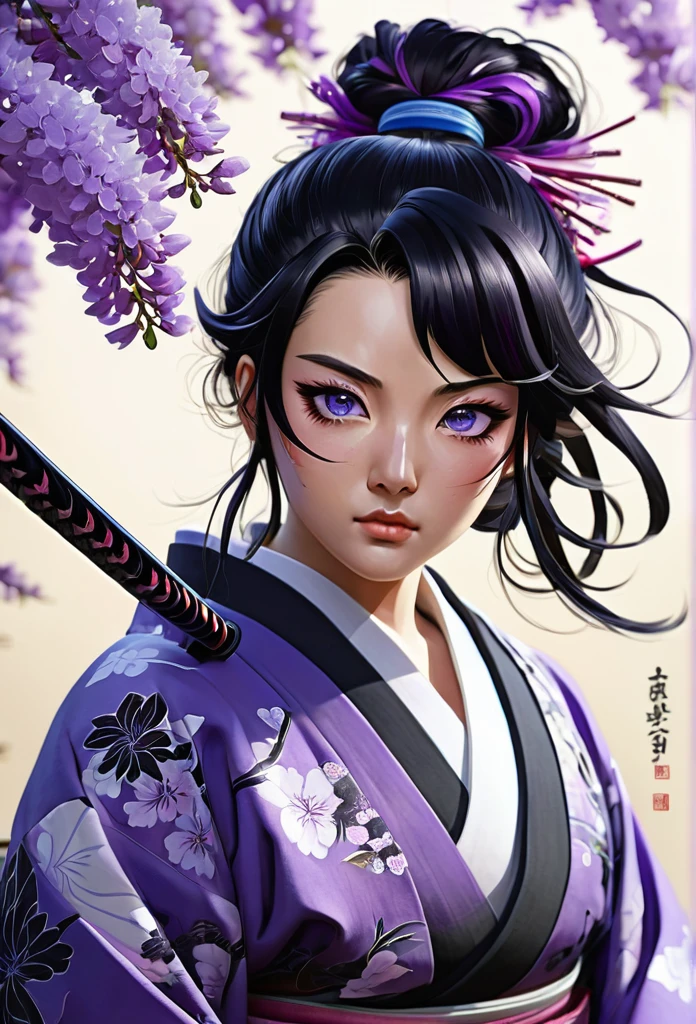 Character with kimetsu no yaiba traits, medium black hair with purple ends, haori with wisteria designs, a black and lilac katana. His face is angelic, crystal blue eyes, a scar on the left corner of your mouth. She is standing fighting with all her strength against an omni. extremely detailed painting