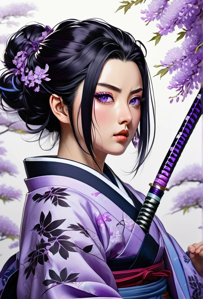 Character with kimetsu no yaiba traits, medium black hair with purple ends, haori with wisteria designs, a black and lilac katana. His face is angelic, crystal blue eyes, a scar on the left corner of your mouth. She is standing fighting with all her strength against an omni. extremely detailed painting 