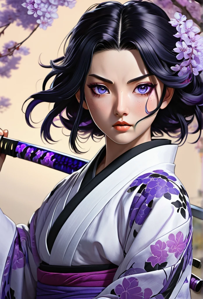 Character with kimetsu no yaiba traits, medium black hair with purple ends, haori with wisteria designs, a black and lilac katana. His face is angelic, crystal blue eyes, a scar on the left corner of your mouth. She is standing fighting with all her strength against an omni. extremely detailed painting 
