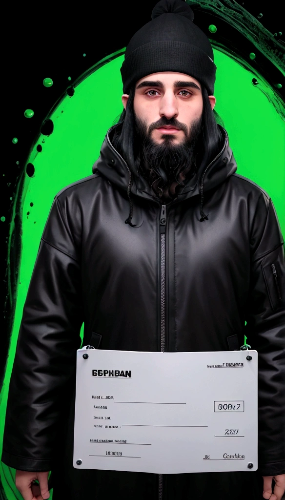Real Jews、rabbia white man with black hair, combed backwards, wearing a black beanie, with a chin full of long black hair, dressed in a waterproof jacket, looking straight at the camera, ID photo, with a green background in the background, man attractive looking forward with arms crossed, document photo